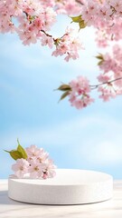 White round granite podium with cherry marble on blossoms surface against light blue background with blooming sakura branches