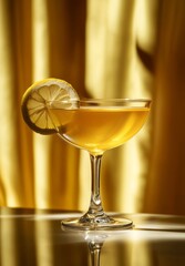 A beautifully styled cocktail with a lemon slice perched on the rim, glowing in warm golden light, perfect for evoking a sense of celebration and relaxation in any setting.
