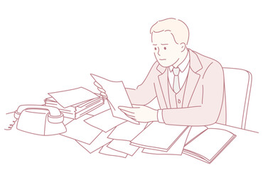 An office worker is meticulously reviewing various important papers amid a busy and bustling workspace environment