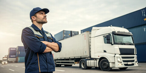 A Confident Driver Standing in Front of a Truck Highlighting Professionalism and Readiness