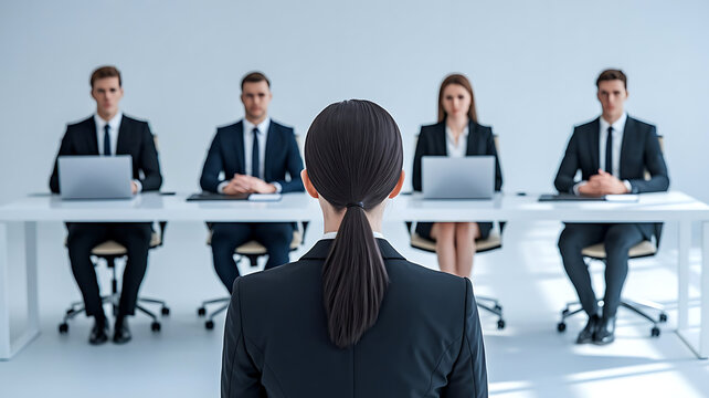 A female job applicant facing an interview panel of four professionals in a modern corporate Office. job interview, female applicant, interview panel, hiring process, recruitment, formal interview
