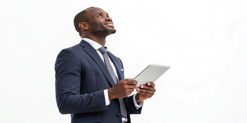 An Isolated African Businessman Showcasing a Tablet in a Professional Environment