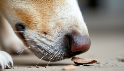 Close-up Macro Shot of a Dog's Nose Sniffing Food Pieces on the Ground