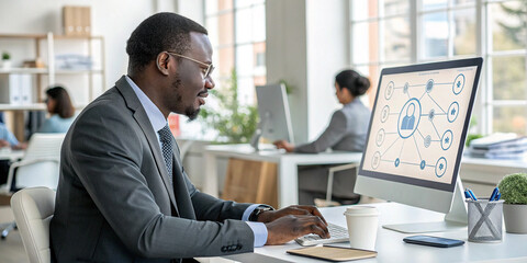 An African Man Utilizing a Social Network Interface in His Office Workspace