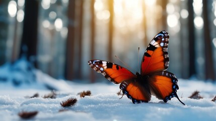 Obraz premium Butterfly wings glisten against the snow-laced trees of a tranquil forest