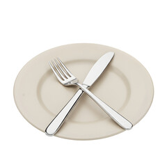 A clean modern plate with a fork and knife crossed on top