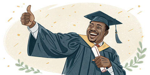 A Joyful Man in Academic Regalia Celebrating His Graduation with a Thumbs Up