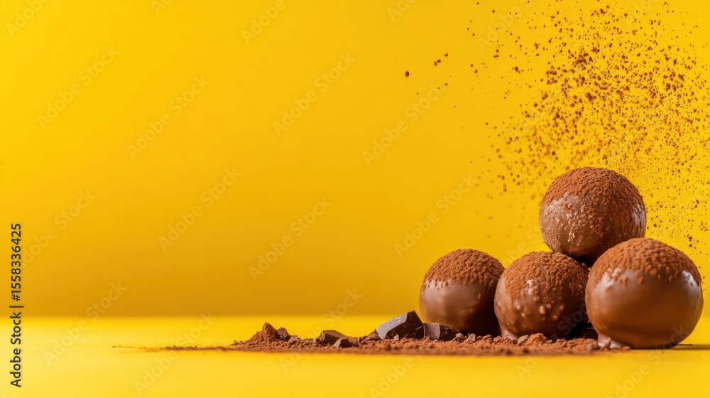 Poster chocolate balls with cocoa dust and fillings displayed on cheerful yellow canvas