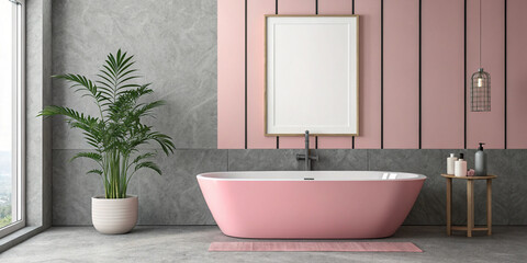 A Chic Modern Bathroom Featuring a Pink Bathtub and a White Blank Canvas for Customization