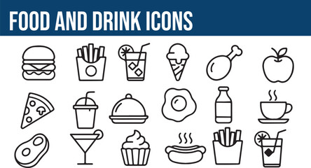 Food  Drink Line Icons Pack  Burger, Pizza, Cupcake, Beverage, Meal   Food and drink set of web icons in line style. 