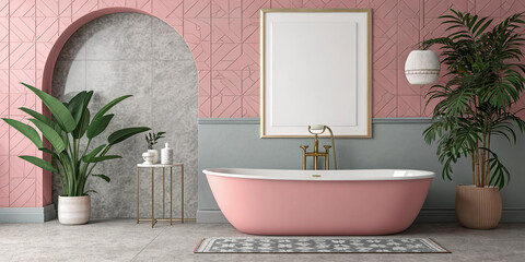 A Stylish Modern Bathroom Featuring a Pink Bathtub and a White Blank Canvas for Personal Touches