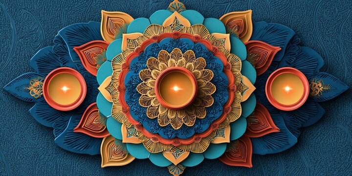 Happy Diwali. Paper Graphic of Indian Rangoli. Rangoli - A traditional Indian art of decorating the entrance to a house. Diwali festival holiday design with paper cut style of Indian Rangoli.