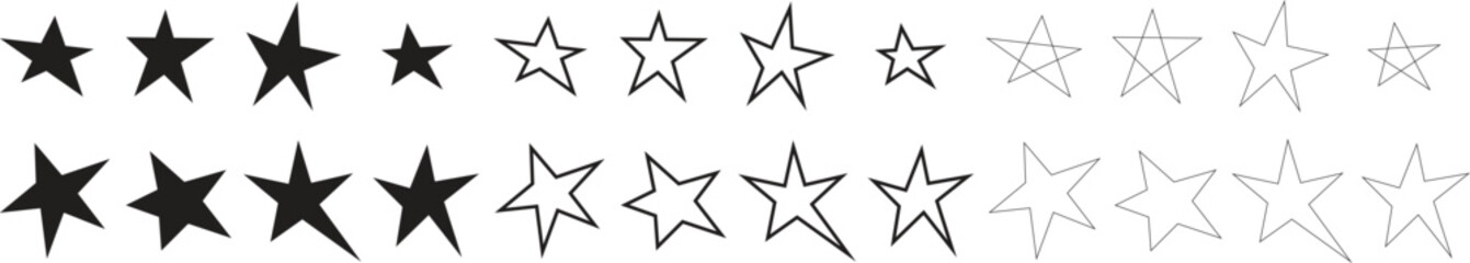 Obraz premium Set of black hand drawn vector stars in doodle style on white background. Star vector icon design illustration for decoration.