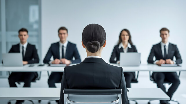 A female job applicant facing an interview panel of four professionals in a modern corporate Office. job interview, female applicant, interview panel, hiring process, recruitment, formal interview
