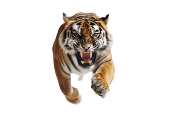 Angry tiger running directly towards the camera in a dynamic pose, showcasing its fierce expression and powerful stance, isolated against a plain background