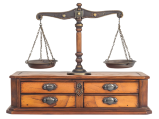 Antique brass balance scale resting on a vintage wooden drawer cabinet isolated on transparent background