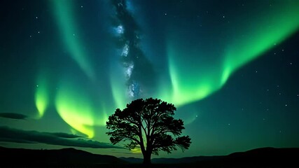 A majestic tree silhouetted against a vibrant aurora borealis and starry night sky creates an ethereal scene. - Powered by Adobe