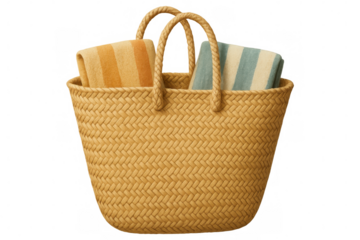 Beach bag carrying folded towels, prepared for seaside leisure, white background
