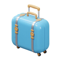 A 3d render of a light blue suitcase with tan accents and wheels