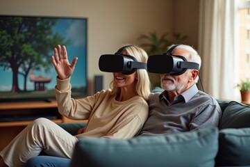 Elderly couple embarking on virtual travel adventures with the help of a VR headset in their home.