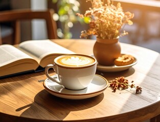 木製テーブルにカプチーノとデザートを並べたカフェ風シーン（自然光・ミニマルスタイル）