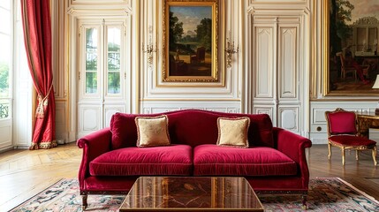 Elegant living room with a red velvet sofa, ornate paneling, classical artwork, and luxurious decor in a grand setting.