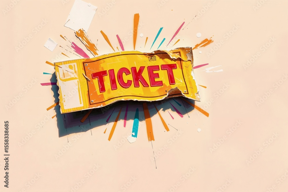 Poster torn movie ticket stub with colorful background splashes