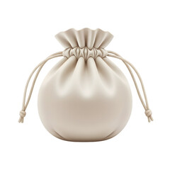 Soft beige fabric drawstring pouch with tied cords isolated on white background