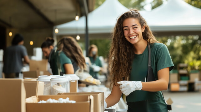 Volunteers engaging in community service at outdoor food distribution event in sunny afternoon