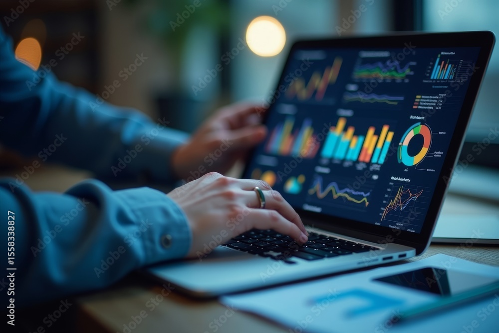 Aufkleber data analyst's hands typing on laptop, displaying colorful business analytics charts and graphs