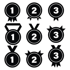 Set of 1st 2nd 3rd Place Award Medals, Black and White Ranking Badge Icons.