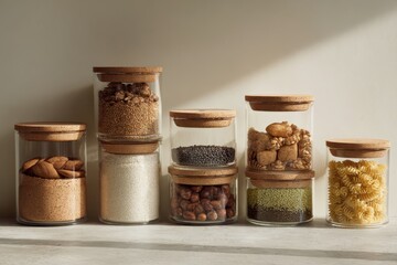Modern glass pantry storage featuring sustainable design with functional cork lids showcasing an organized collection of dried foods and ingredients in a stylish kitchen setting