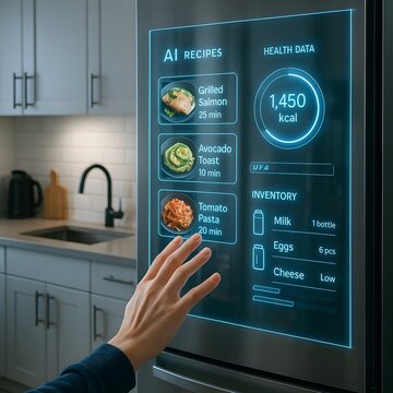 Smart Fridge Touchscreen in Modern Kitchen Displaying AI Recipes, Health Data, and Food Inventory with Blue Neon Interface