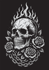 Burning skull surrounded by roses and chains, in a gritty black-and-white design perfect for tattoo and rock themes.