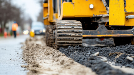 Close up of crawler crane tracks on uneven road surface, showcasing machinery powerful grip and surrounding construction environment. scene conveys sense of industriousness and progress