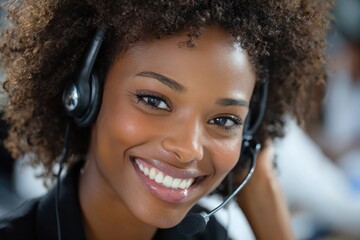 Happy customer service agent providing support in a busy office environment during working hours