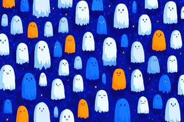 Colorful Halloween ghosts seamless texture tiling pattern featuring smiling, friendly apparitions set against a dark blue backdrop, perfect for festive decoration and creative projects