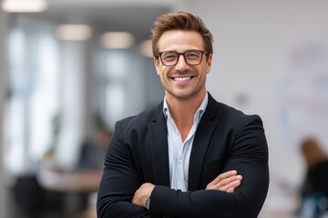 Happy male executive stands confidently in bright corporate office, showcasing leadership and success during busy workday in modern environment filled with colleagues