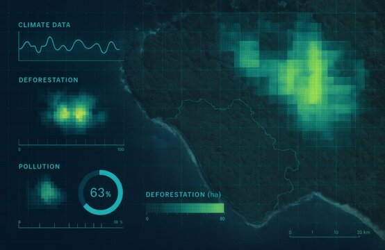 Satellite View of Coastal Forest with Deforestation Heat Map, Climate Graphs, and Pollution Data Overlay in Blue Green for Environmental Monitoring and Earth Observation