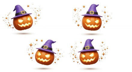 Fototapeta premium Four halloween jack o lanterns in purple witch hats