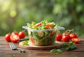 Fresh Salad in Clear Plastic Container on Wooden Table. A vibrant image of a fresh mixed salad, meticulously arranged in a clear plastic container, sits on a rustic wooden table.