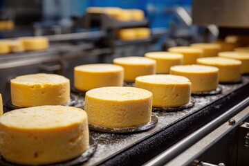 Industrial production process of hard cheeses showcasing a line of cheese wheels in a modern facility with automated equipment and precise quality control