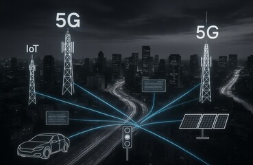 5G Towers and IoT Smart City Network at Dusk with Connected Cars, Traffic Lights, Solar Panels and Data Streams Over Modern Skyline