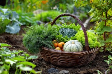 Freshly harvested vegetables in a rustic basket from a thriving garden showcasing a variety of colors and textures during mid-morning sunlight