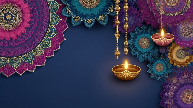 Happy diwali vector illustration. Festive diwali card. Design template with lamp, golden lights, colorful background. Blue magenta background, mandala. Vector holiday illustration. High quality
