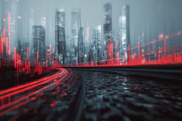 Futuristic cityscape illuminated by red and blue digital lights showcasing advanced architecture and technology at twilight