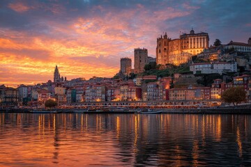 Naklejka premium Stunning sunset illuminates the skyline of Porto, highlighting the citys vibrant architecture and waterfront charm