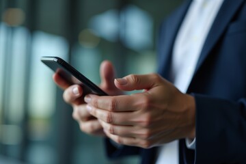 Close-up of a businessman using a mobile phone for online banking, against a sleek modern backdrop.