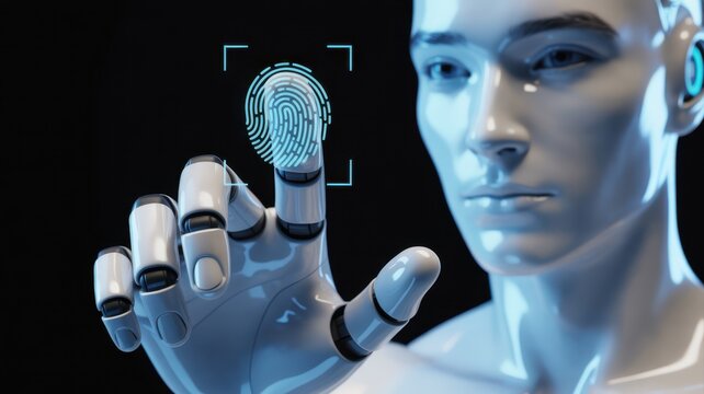 A humanoid robot's finger is scanned, futuristic biometric verification is in progress, against a dark background.