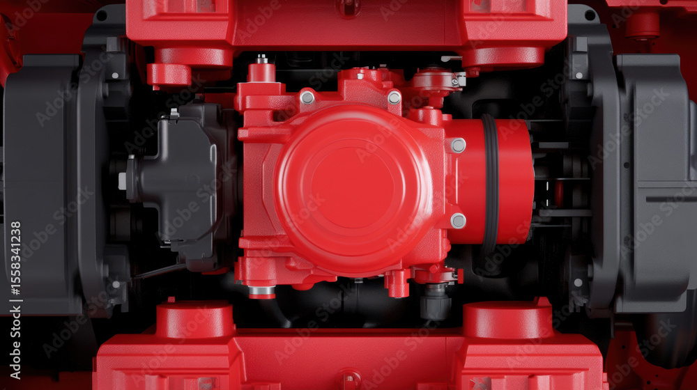 Aufkleber high fidelity cutaway image showing interior mechanism of red engine, highlighting intricate details